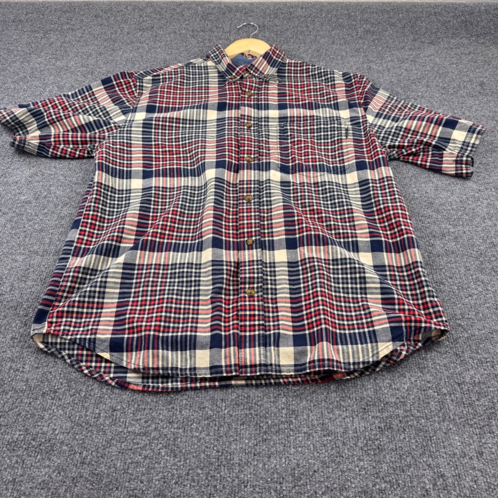 Woolrich Plaid Button Down Shirt Mens Large Red Navy Short Sleeve Excellent